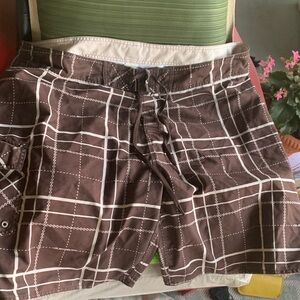 Quiksilver Brown and White Plaid Board Shorts